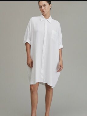 Acacia Meeya Pikake White Button-Front Oversized Shirt Dress with Pockets P/S